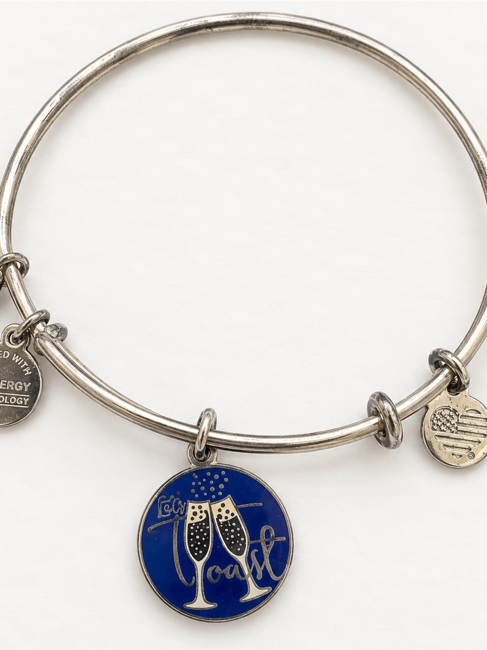 Alex and Ani Toast Champagne Glass Charm Bangle Bracelet Blue Silver Tone 2017